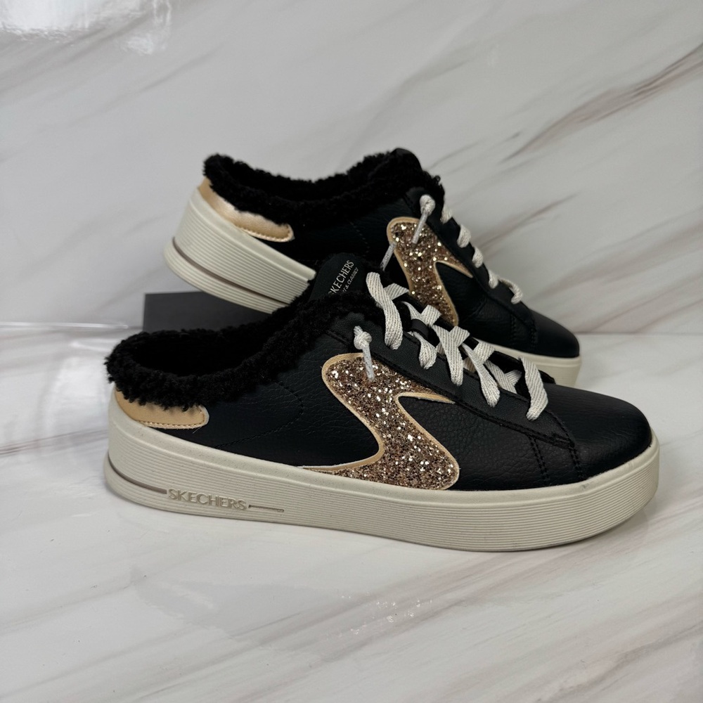 Skechers Hiland Warmed Up fur lined Black and Glitter Gold Fur Lined Mules
